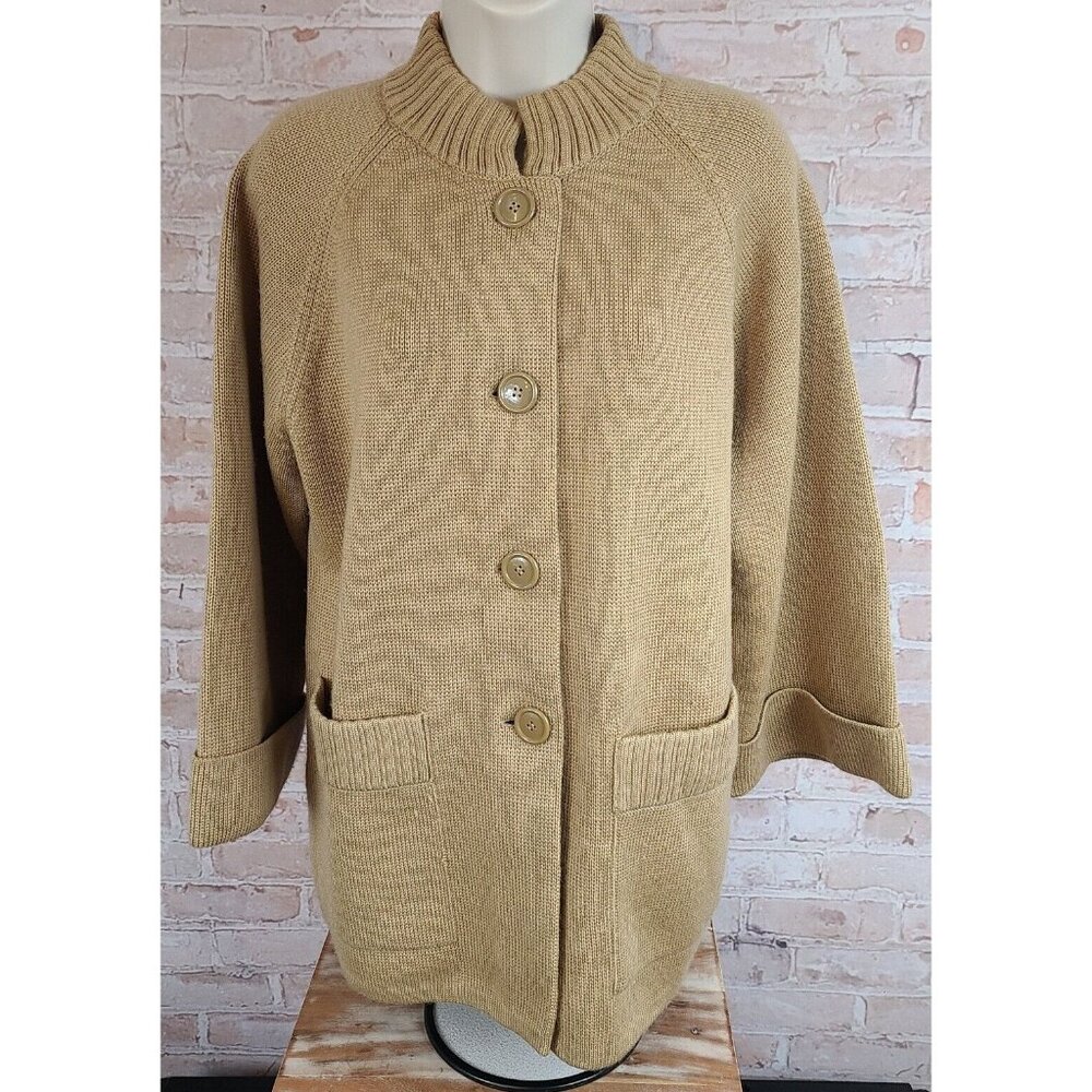 LeRoy Knitwear 100% Virgin Wool Tan Cardigan Sweater Vintage Heavy Women's XL